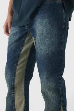 Cheap boohooMAN Slim Rigid Flare Distressed Gusset Panel Acid Washed Denim Jeans vintage wash