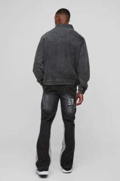 Flash Sale boohooMAN Slim Rigid Flared Ripped Varsity Badge Gusset Jeans washed black