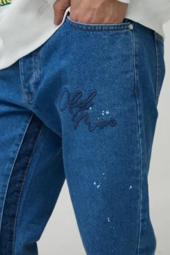 Flash Sale boohooMAN Slim Rigid Flare Embroidery Paint Splatter Gusset Denim Jeans light blue