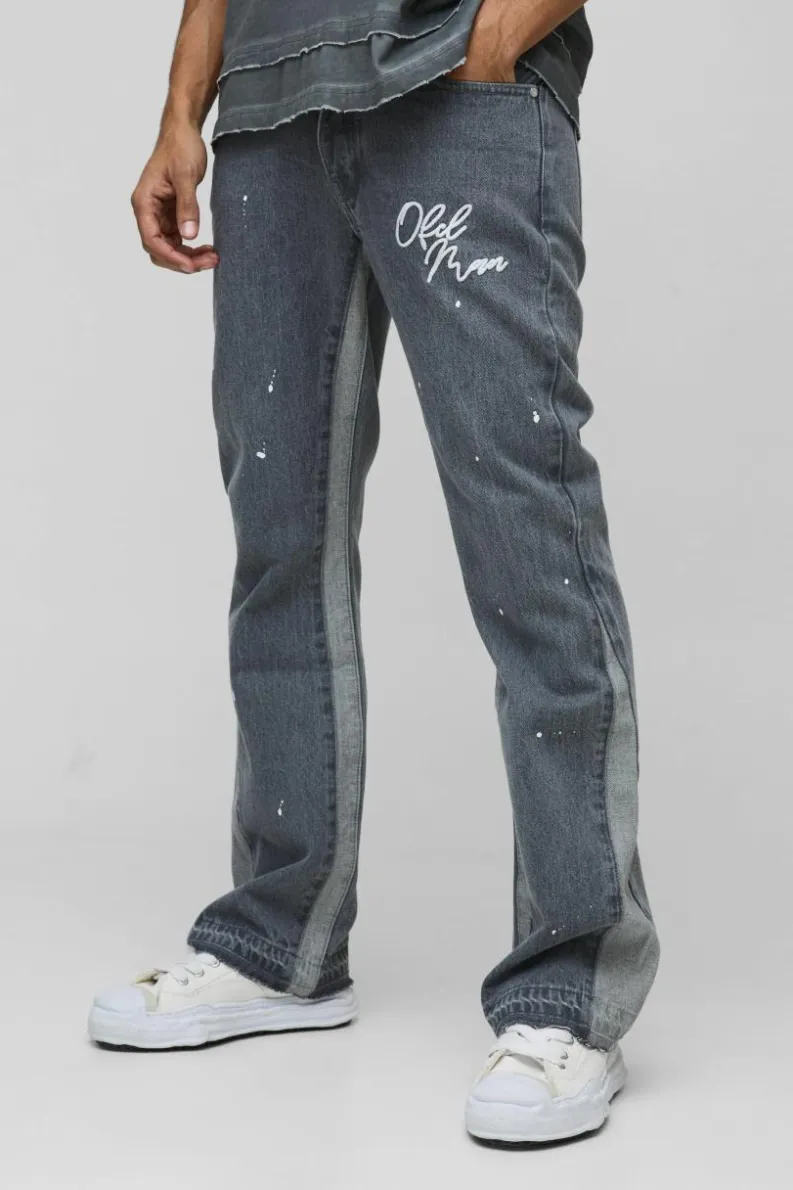 Flash Sale boohooMAN Slim Rigid Flare Embroidery Paint Splatter Gusset Denim Jeans mid grey