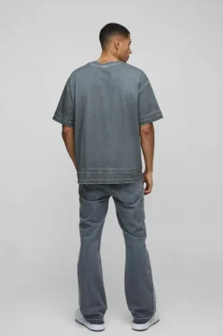Flash Sale boohooMAN Slim Rigid Flare Embroidery Paint Splatter Gusset Denim Jeans mid grey