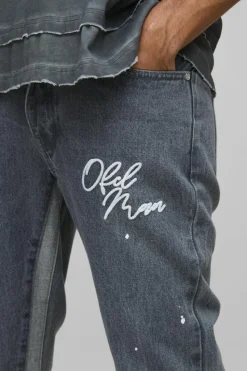 Flash Sale boohooMAN Slim Rigid Flare Embroidery Paint Splatter Gusset Denim Jeans mid grey