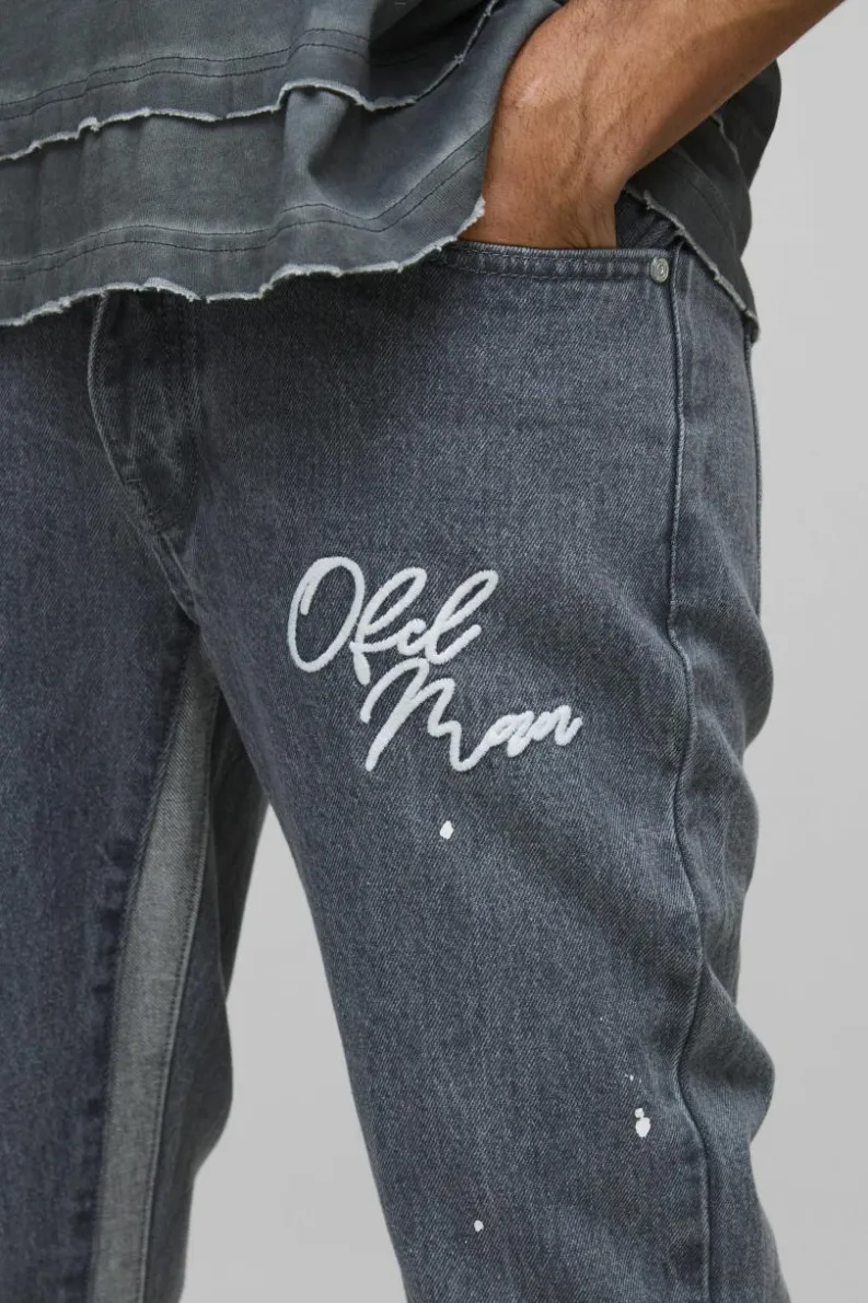 Flash Sale boohooMAN Slim Rigid Flare Embroidery Paint Splatter Gusset Denim Jeans mid grey