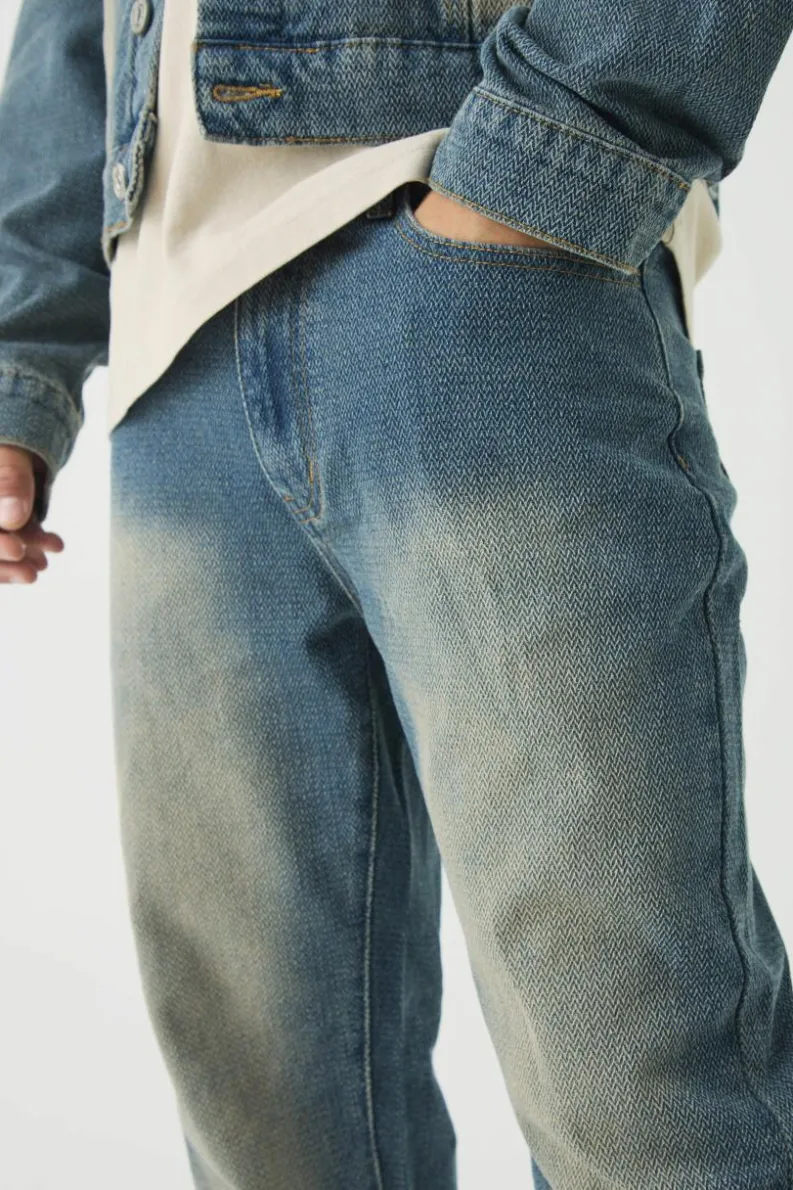 Cheap boohooMAN Slim Rigid Flare Herringbone Fabric Interest Jeans vintage blue