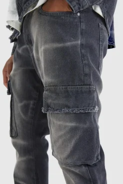 Cheap boohooMAN Slim Rigid Flare Overdyed Distressed Cargo Jeans black