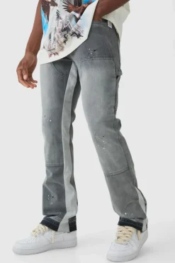 Shop boohooMAN Slim Rigid Flare Paint Splatter Gusset Carpenter Jeans grey