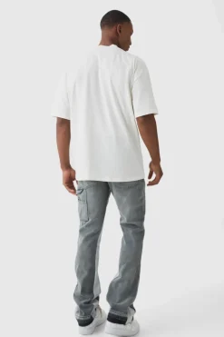 Shop boohooMAN Slim Rigid Flare Paint Splatter Gusset Carpenter Jeans grey