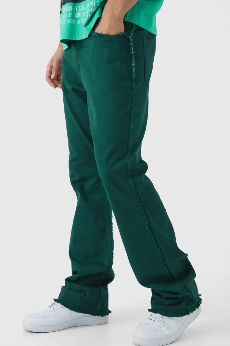 Fashion boohooMAN Slim Rigid Flare Stacked Frayed Edge Denim Jeans dark green