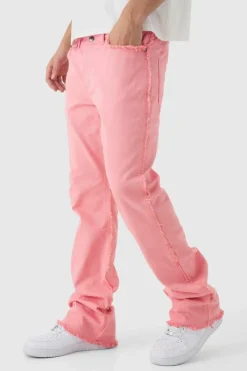 Best Sale boohooMAN Slim Rigid Flare Stacked Frayed Edge Denim Jeans pink