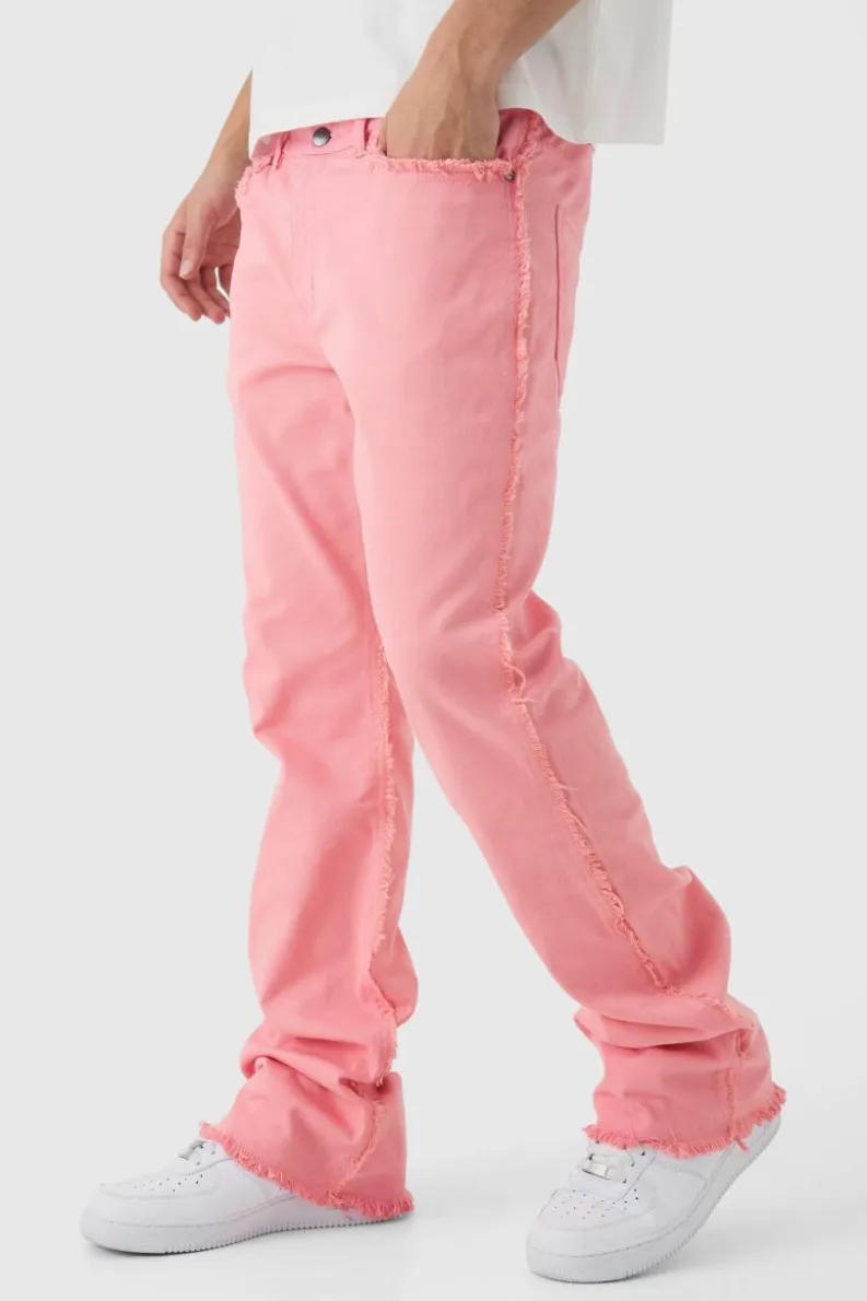 Best Sale boohooMAN Slim Rigid Flare Stacked Frayed Edge Denim Jeans pink