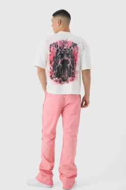 Best Sale boohooMAN Slim Rigid Flare Stacked Frayed Edge Denim Jeans pink
