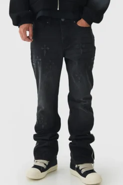 Outlet boohooMAN Slim Rigid Flare Washed Denim Cross Applique Jeans washed black