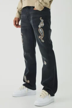 Hot boohooMAN Slim Rigid Flare Washed Paisley Applique Jeans washed black