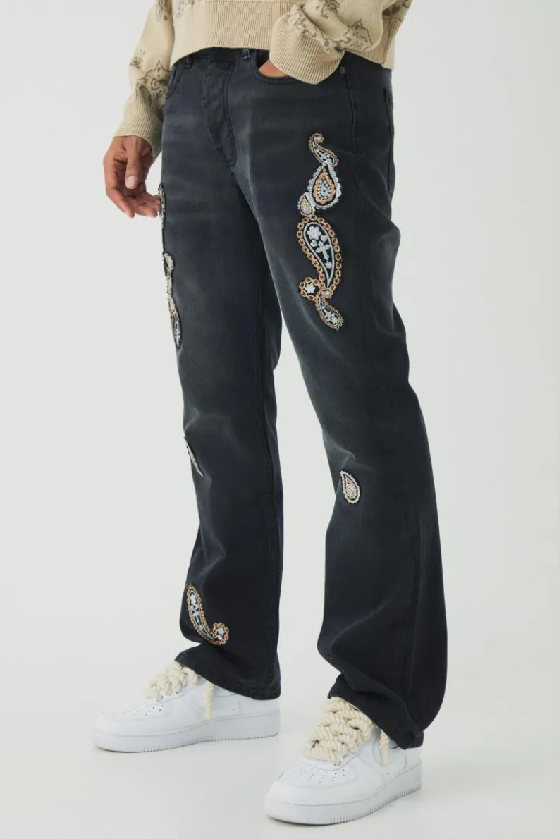 Hot boohooMAN Slim Rigid Flare Washed Paisley Applique Jeans washed black