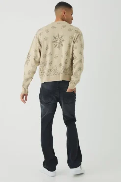 Hot boohooMAN Slim Rigid Flare Washed Paisley Applique Jeans washed black