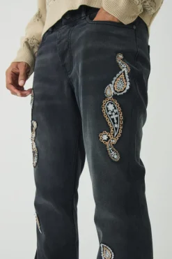 Hot boohooMAN Slim Rigid Flare Washed Paisley Applique Jeans washed black