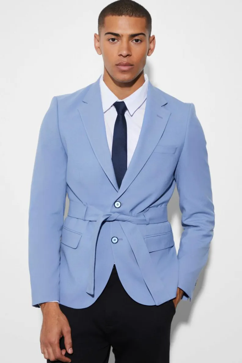 Cheap boohooMAN Slim Single Breasted Blazer With Belt light blue