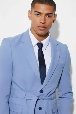 Cheap boohooMAN Slim Single Breasted Blazer With Belt light blue