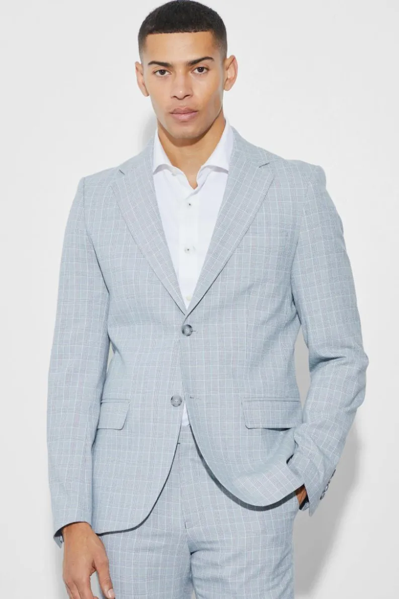 Hot boohooMAN Slim Single Breasted Checked Blazer light grey