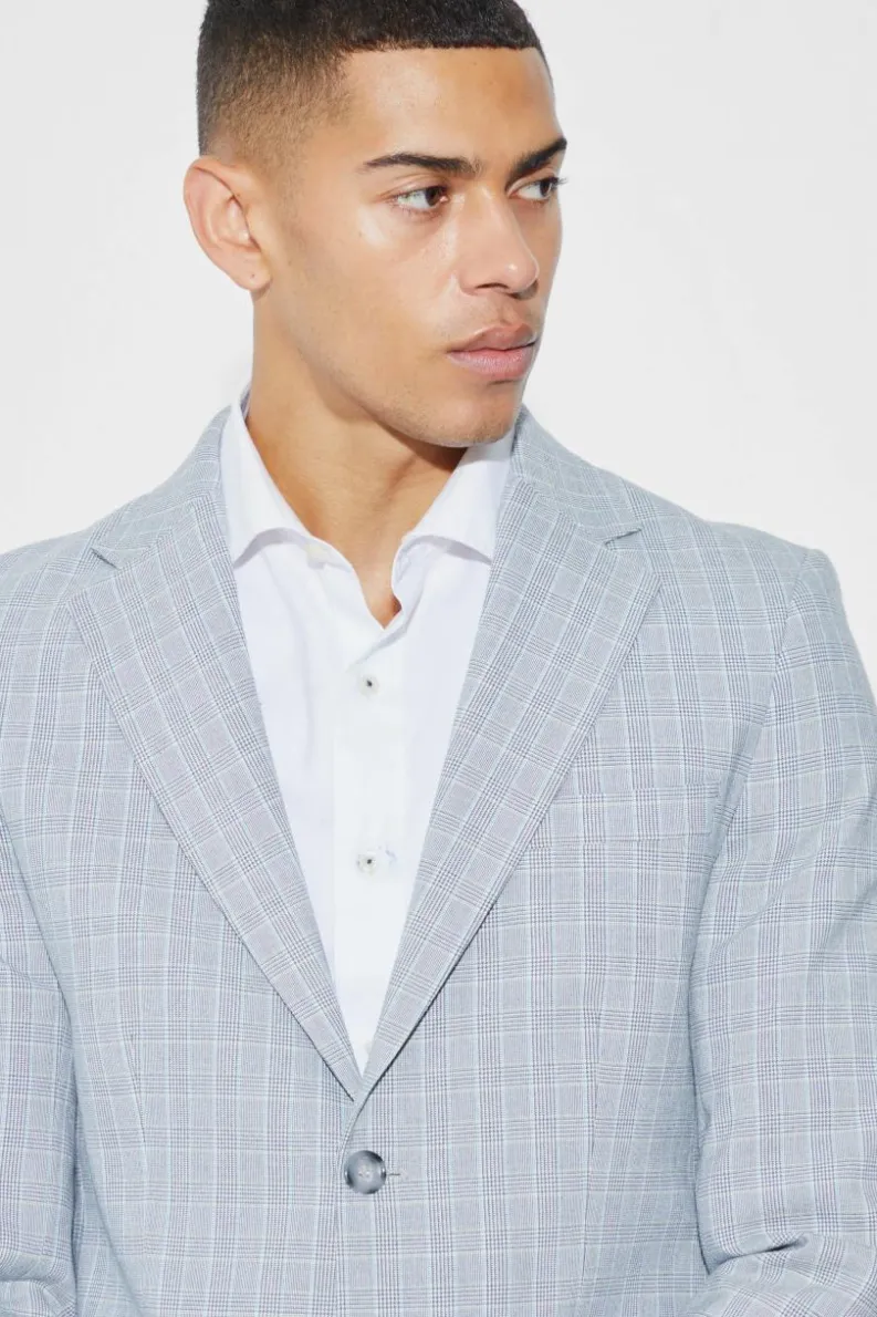 Hot boohooMAN Slim Single Breasted Checked Blazer light grey