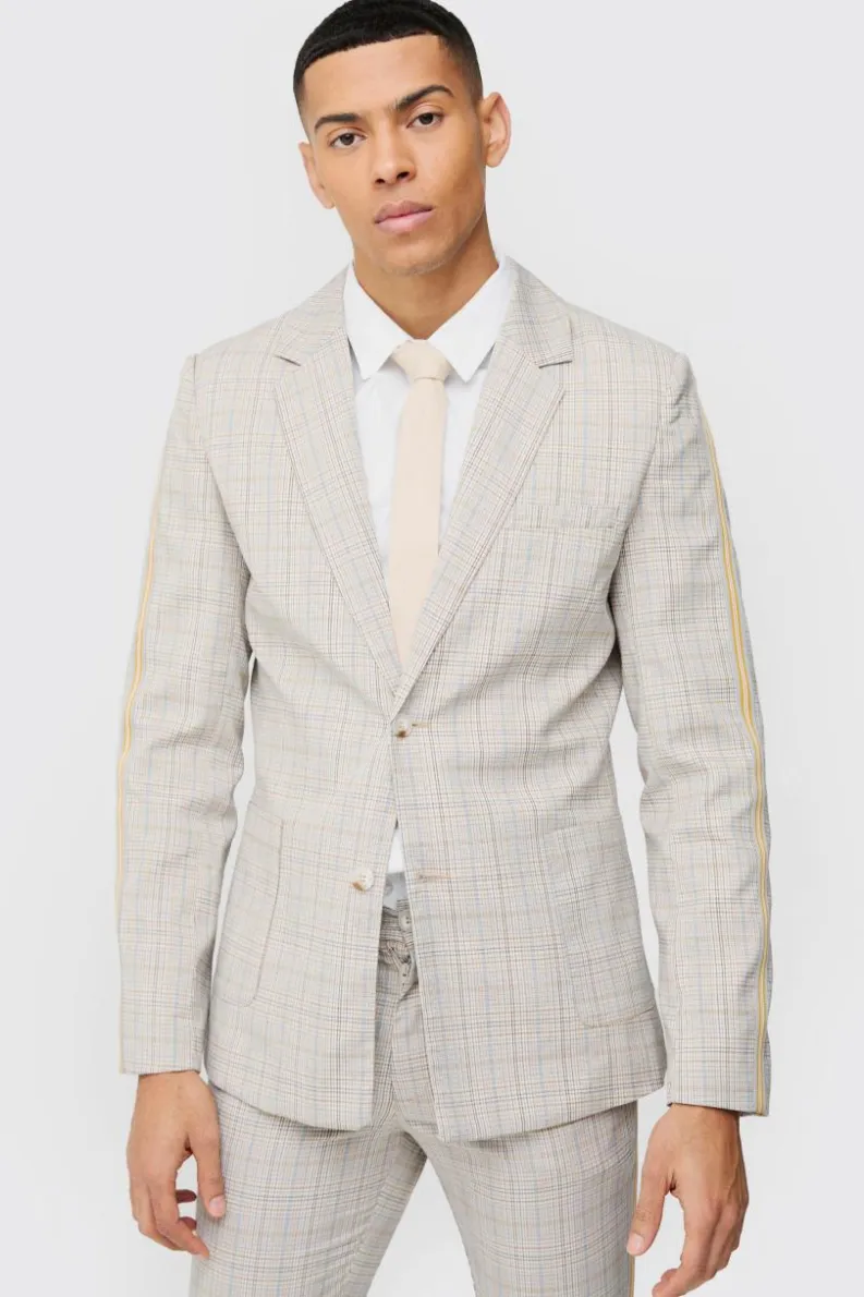 Best boohoo Slim Single Breasted Check Suit stone
