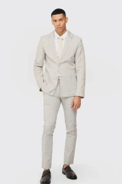 Best boohoo Slim Single Breasted Check Suit stone