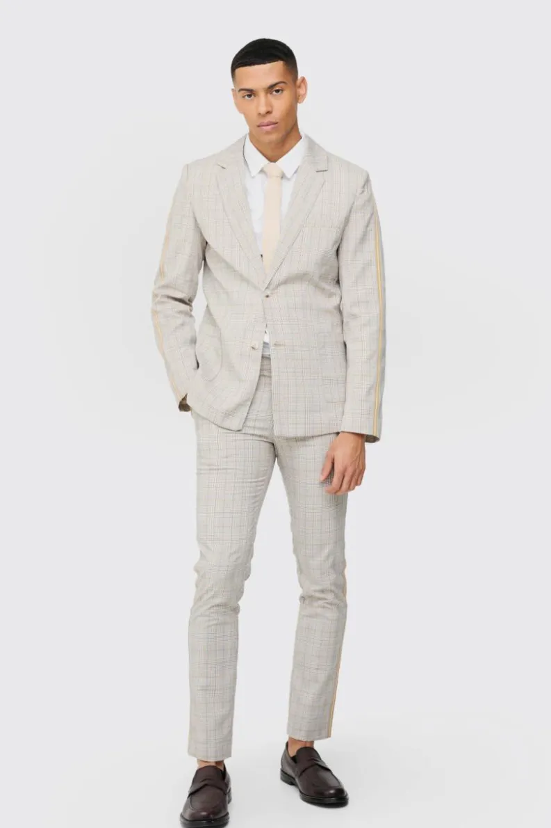 Best boohoo Slim Single Breasted Check Suit stone