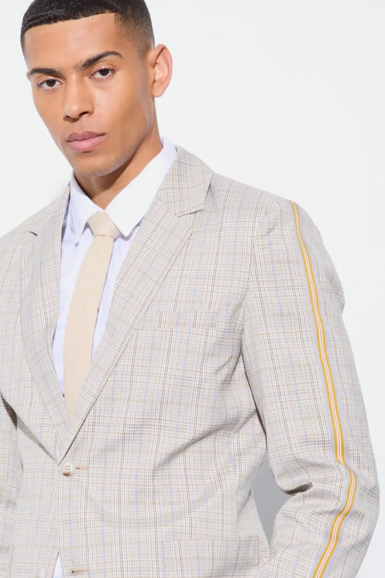 Best boohoo Slim Single Breasted Check Suit stone
