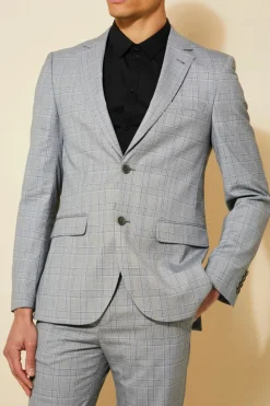 Hot boohooMAN Slim Single Breasted Check Suit Jacket grey