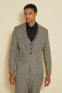 Cheap boohooMAN Slim Single Breasted Check Suit Jacket brown