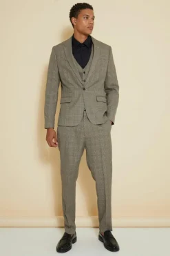 Cheap boohooMAN Slim Single Breasted Check Suit Jacket brown
