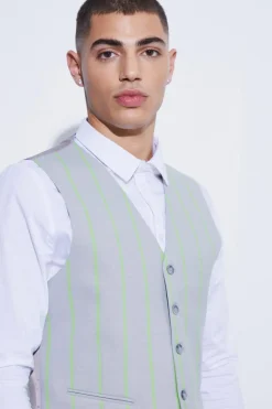 Online boohoo Slim Single Breasted Wide Stripe Suit light grey