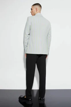 Cheap boohooMAN Slim Single Breasted Wide Stripe Suit Jacket light grey