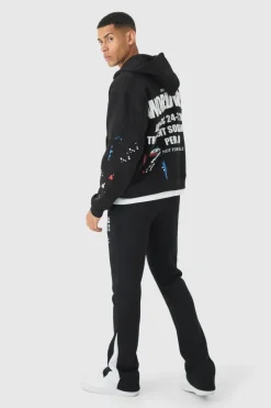 Outlet boohooMAN Slim Stacked Flare Paint Splatter Gusset Jogger black