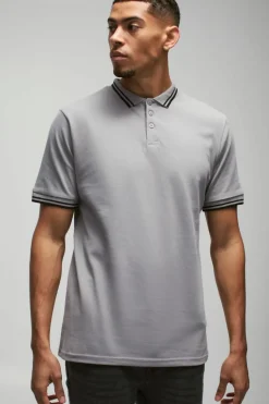 Cheap boohooMAN Slim Tipped Pique Polo grey
