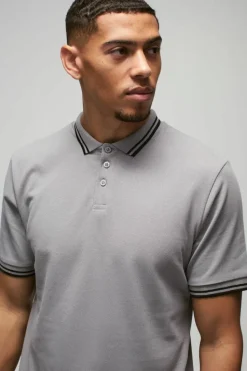 Cheap boohooMAN Slim Tipped Pique Polo grey
