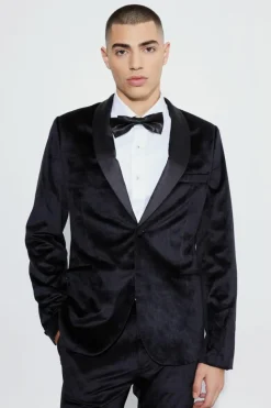 Online boohooMAN Slim Velvet and Satin Lapel Suit Jacket black