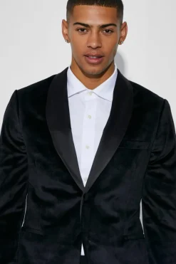 Online boohooMAN Slim Velvet and Satin Lapel Suit Jacket black