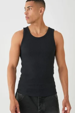 Outlet boohooMAN Slim Waffle Vest black