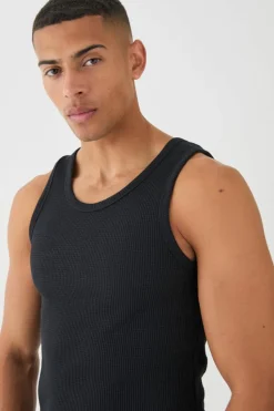 Outlet boohooMAN Slim Waffle Vest black