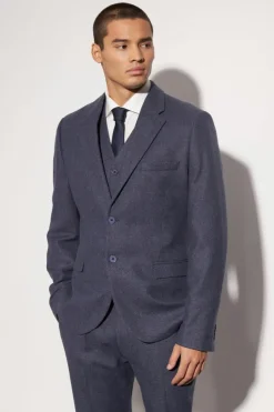 New boohooMAN Slim Wool Tweed Single Breasted Suit Jacket navy
