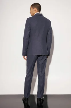 New boohooMAN Slim Wool Tweed Single Breasted Suit Jacket navy