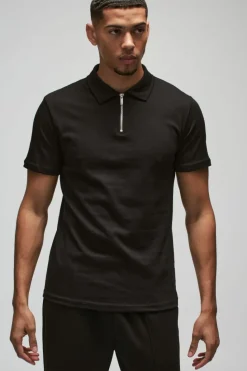 Cheap boohooMAN Slim Zip Neck Polo black