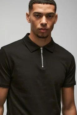 Cheap boohooMAN Slim Zip Neck Polo black