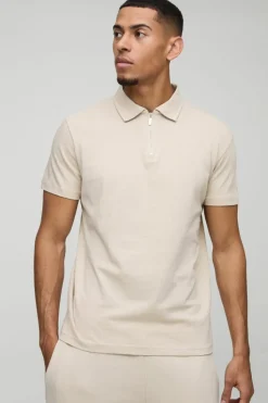 Discount boohooMAN Slim Zip Neck Polo stone