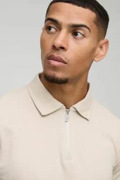 Discount boohooMAN Slim Zip Neck Polo stone