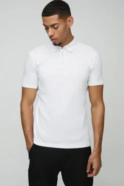 Fashion boohooMAN Slim Zip Neck Polo white