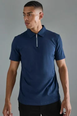New boohooMAN Slim Zip Neck Polo navy