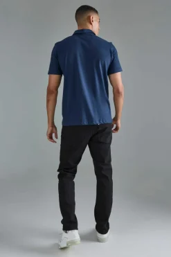 New boohooMAN Slim Zip Neck Polo navy