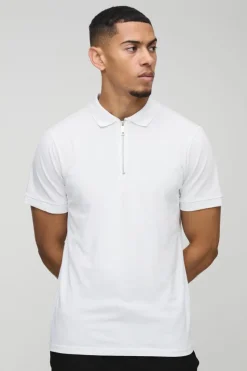 Store boohooMAN Slim 1/4 Zip Pique Golf Polo white